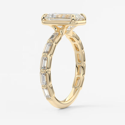 Isadora emerald bezel baguette engagement ring