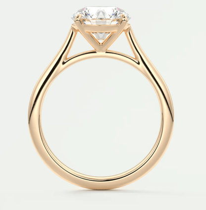 18-karat rose gold engagement ring with a princess-cut diamond.