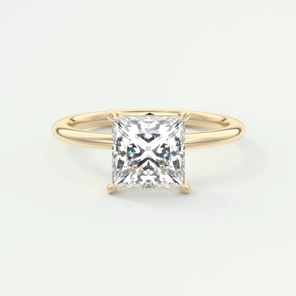 Princess cut diamond engagement ring with gold band, 14k yellow gold.