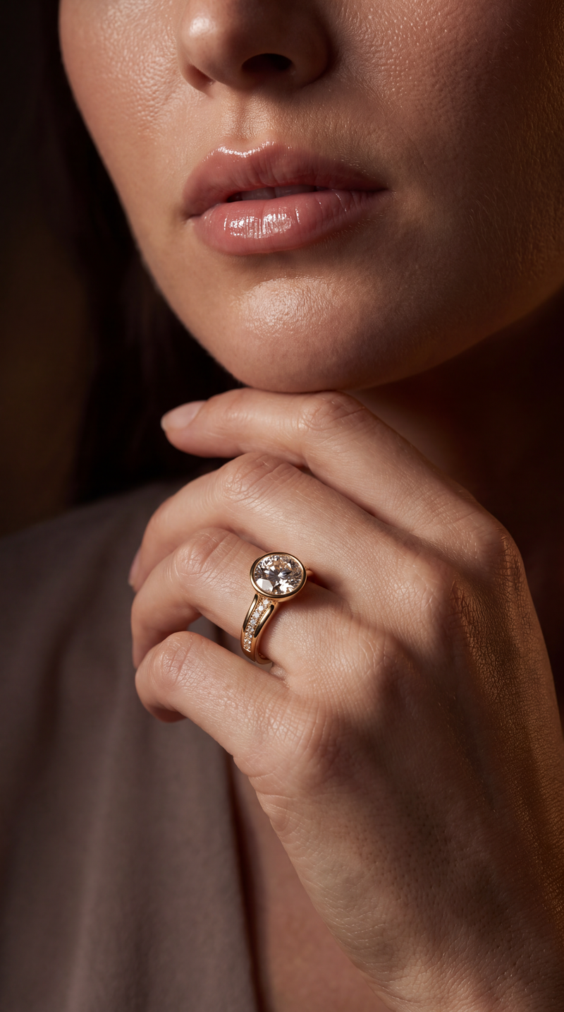 A close-up lifestyle shot of a model wearing a rose gold ring with a round clear gemstone on her finger.