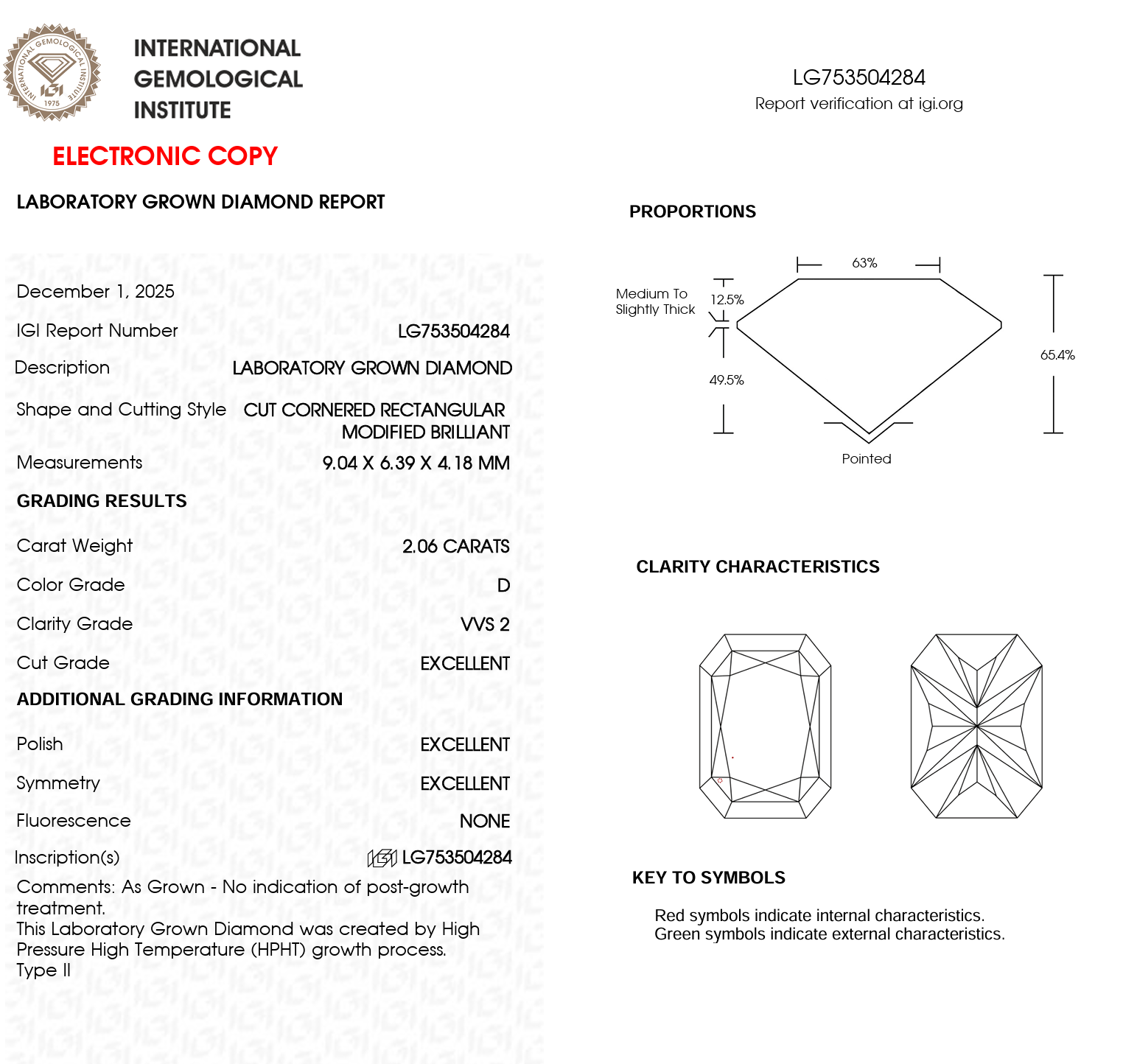 Laboratory grown diamond report with IGI certification on a white background