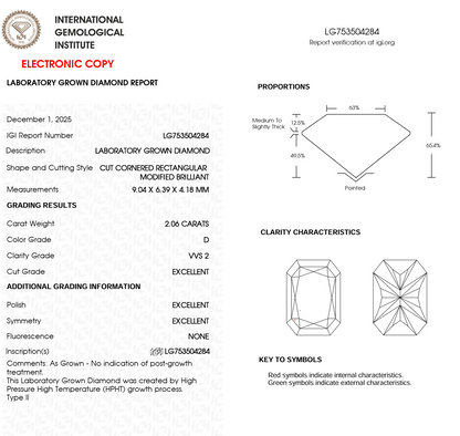 Laboratory grown diamond report with IGI certification on a white background