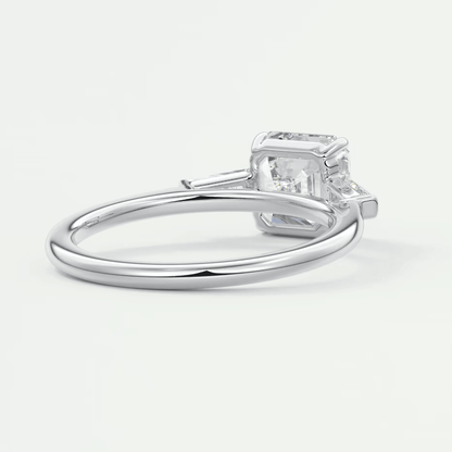 18k white gold engagement ring with a princess cut diamond.