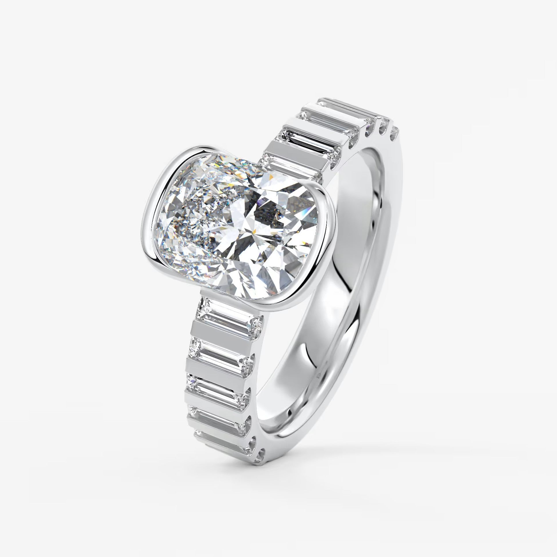 Solara grande elongated cushion half-bezel engagement ring