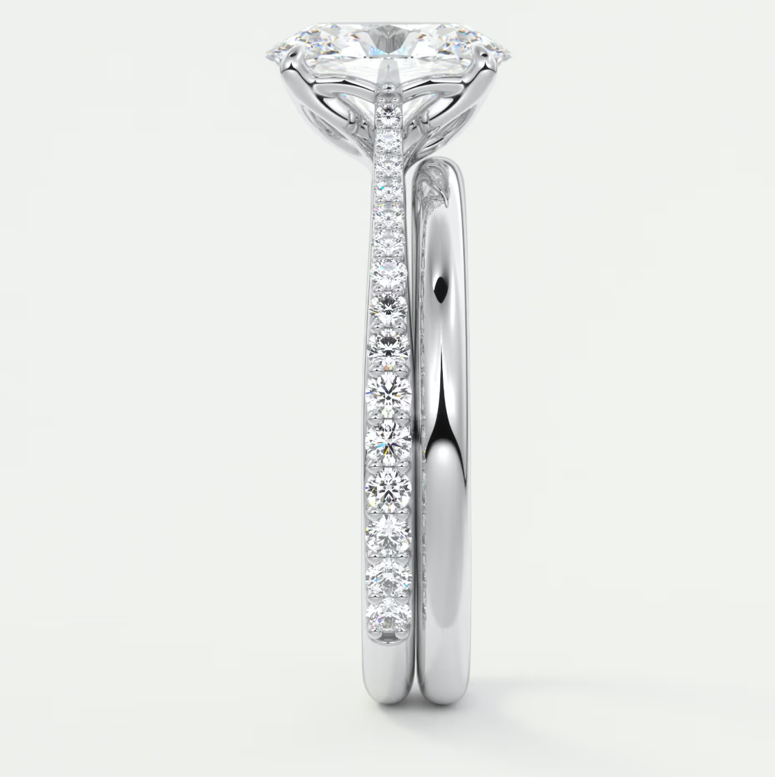 Custom made solenne oval pavé cathedral solitaire engagement ring | lab diamond