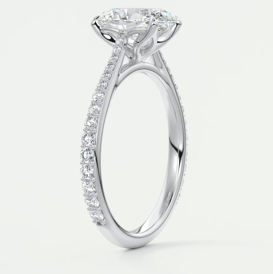 Custom made solenne oval pavé cathedral solitaire engagement ring | lab diamond