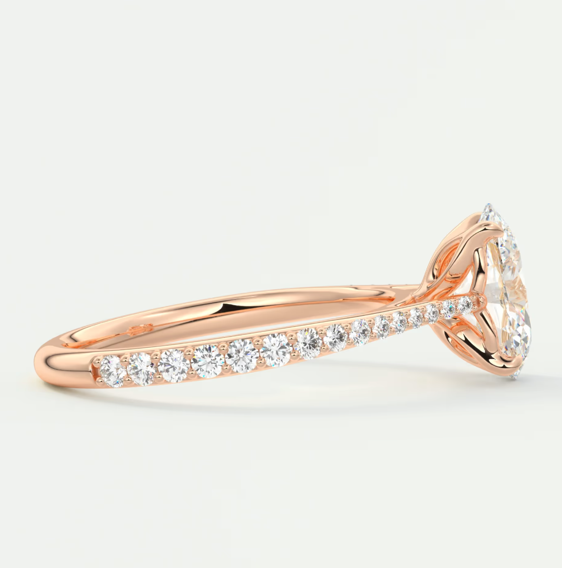 Custom made solenne oval pavé cathedral solitaire engagement ring | lab diamond