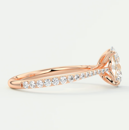 Custom made solenne oval pavé cathedral solitaire engagement ring | lab diamond