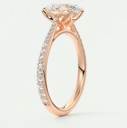 Custom made solenne oval pavé cathedral solitaire engagement ring | lab diamond