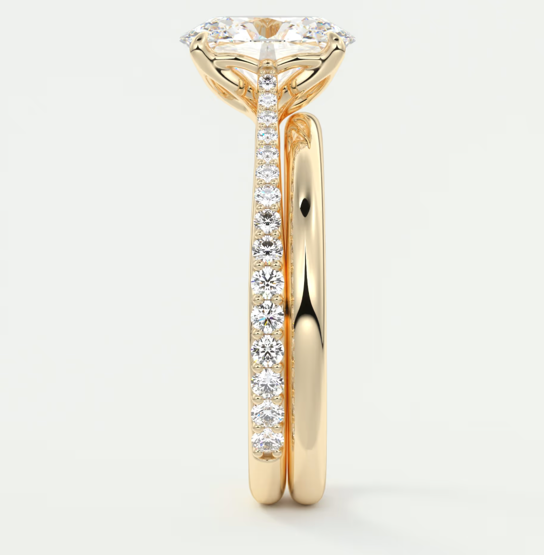 Custom made solenne oval pavé cathedral solitaire engagement ring | lab diamond