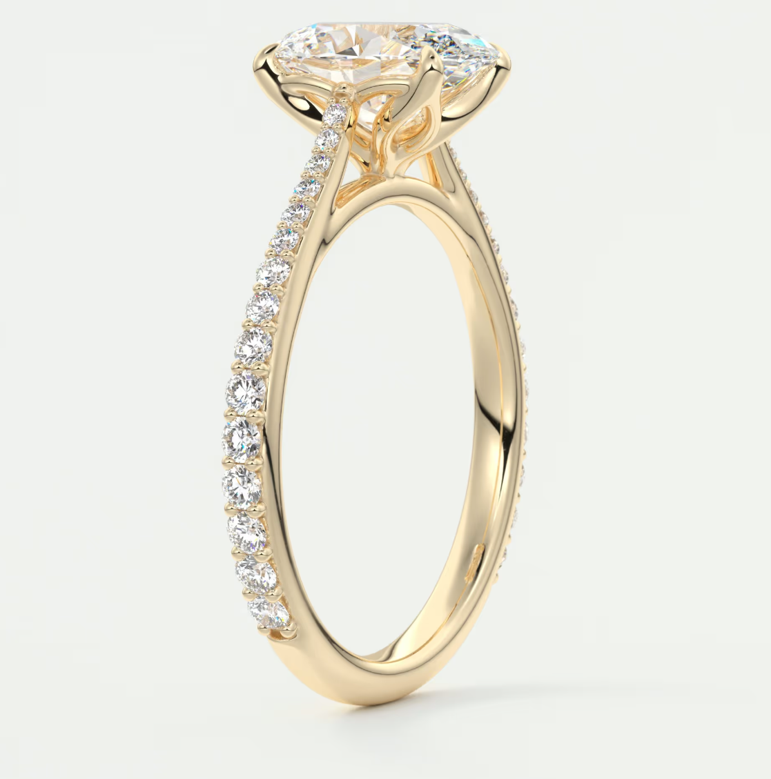 Custom made solenne oval pavé cathedral solitaire engagement ring | lab diamond