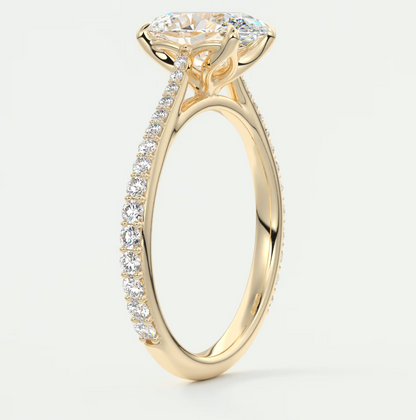 Custom made solenne oval pavé cathedral solitaire engagement ring | lab diamond