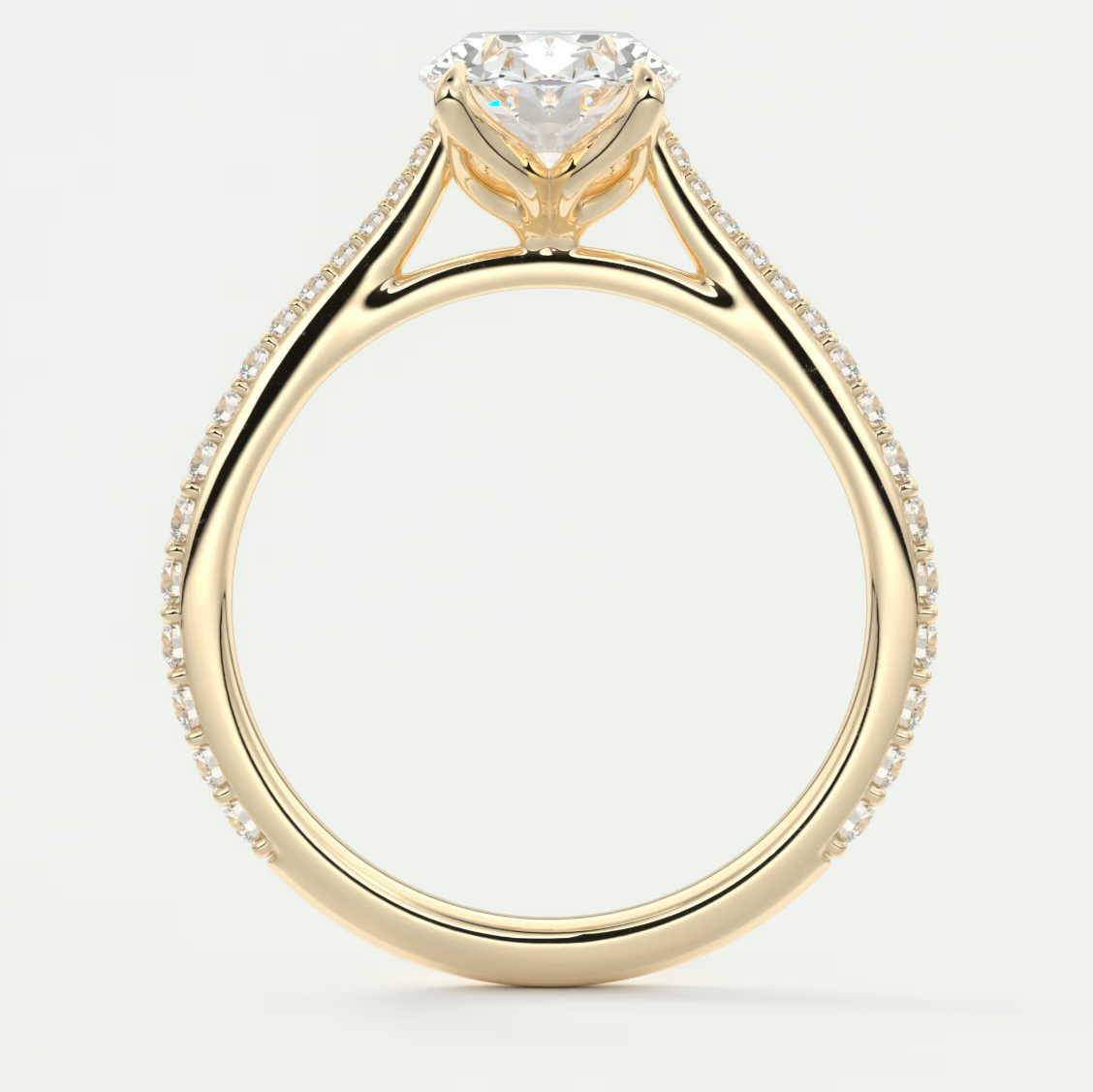 Custom made solenne oval pavé cathedral solitaire engagement ring | lab diamond