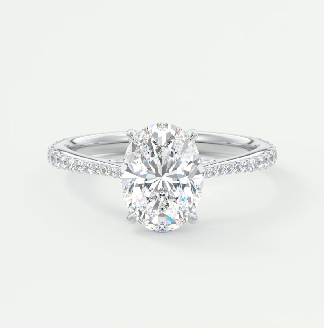 Custom made solenne oval pavé cathedral solitaire engagement ring | lab diamond
