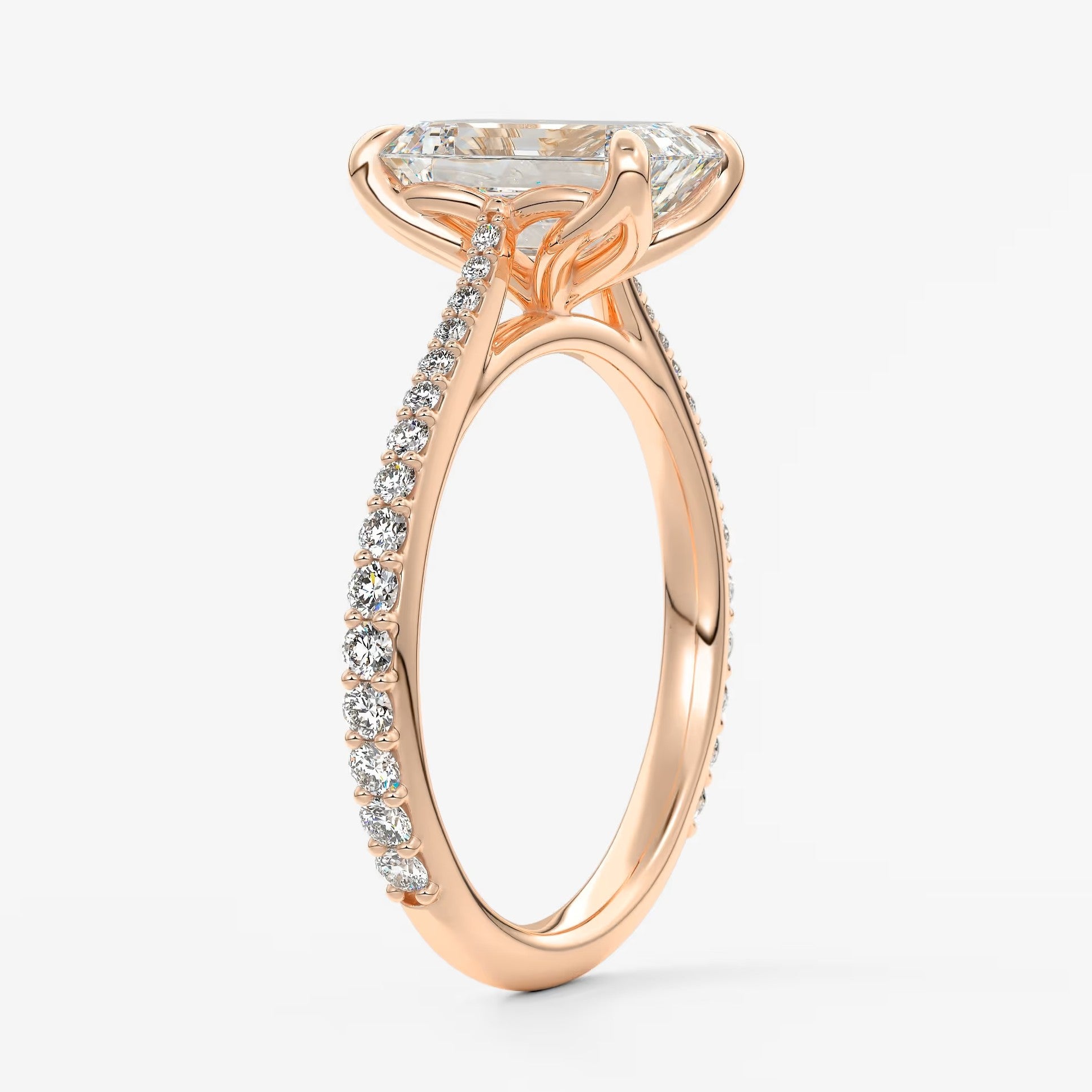 Tulip emerald pavé cathedral solitaire ring