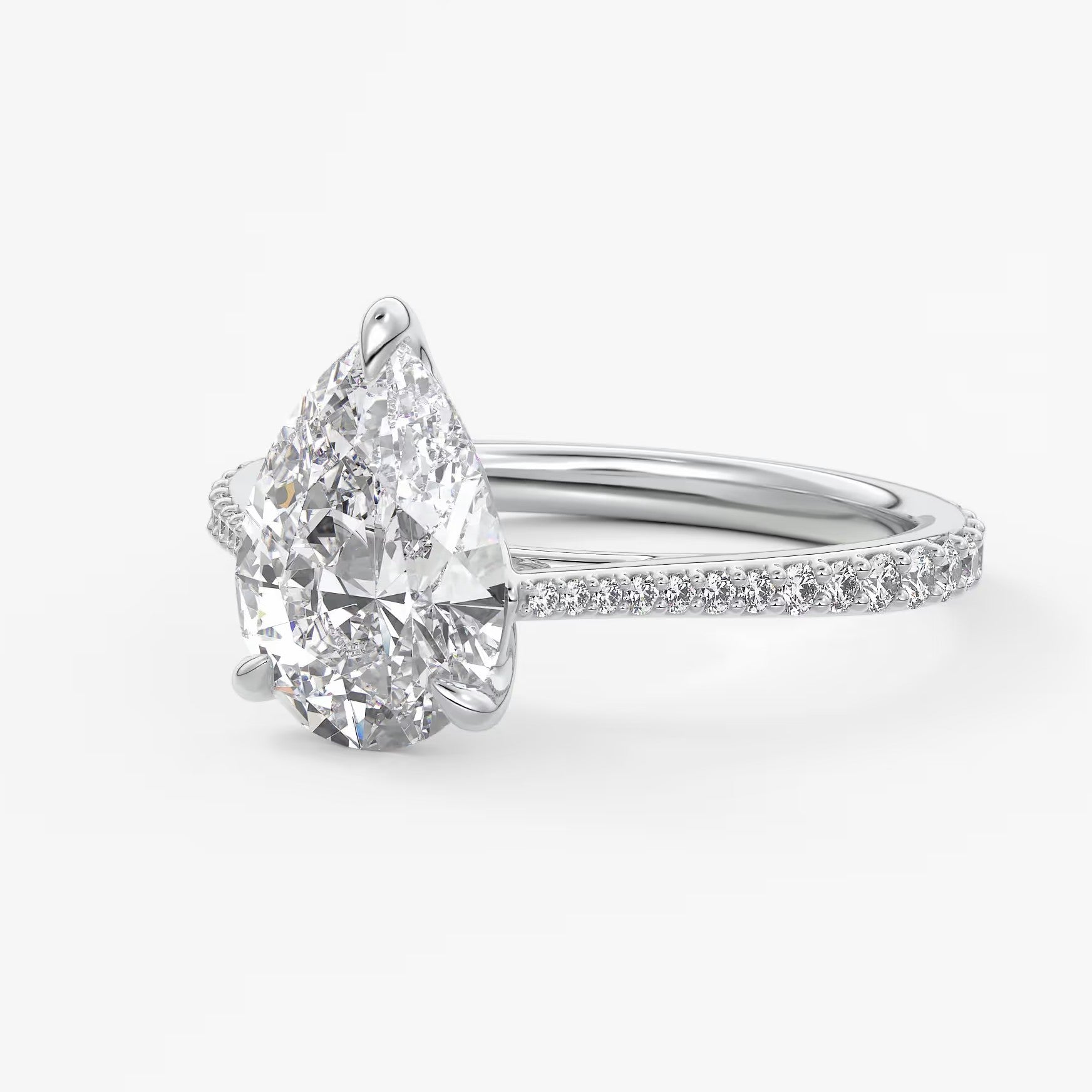 Tulip pear pavé cathedral solitaire ring