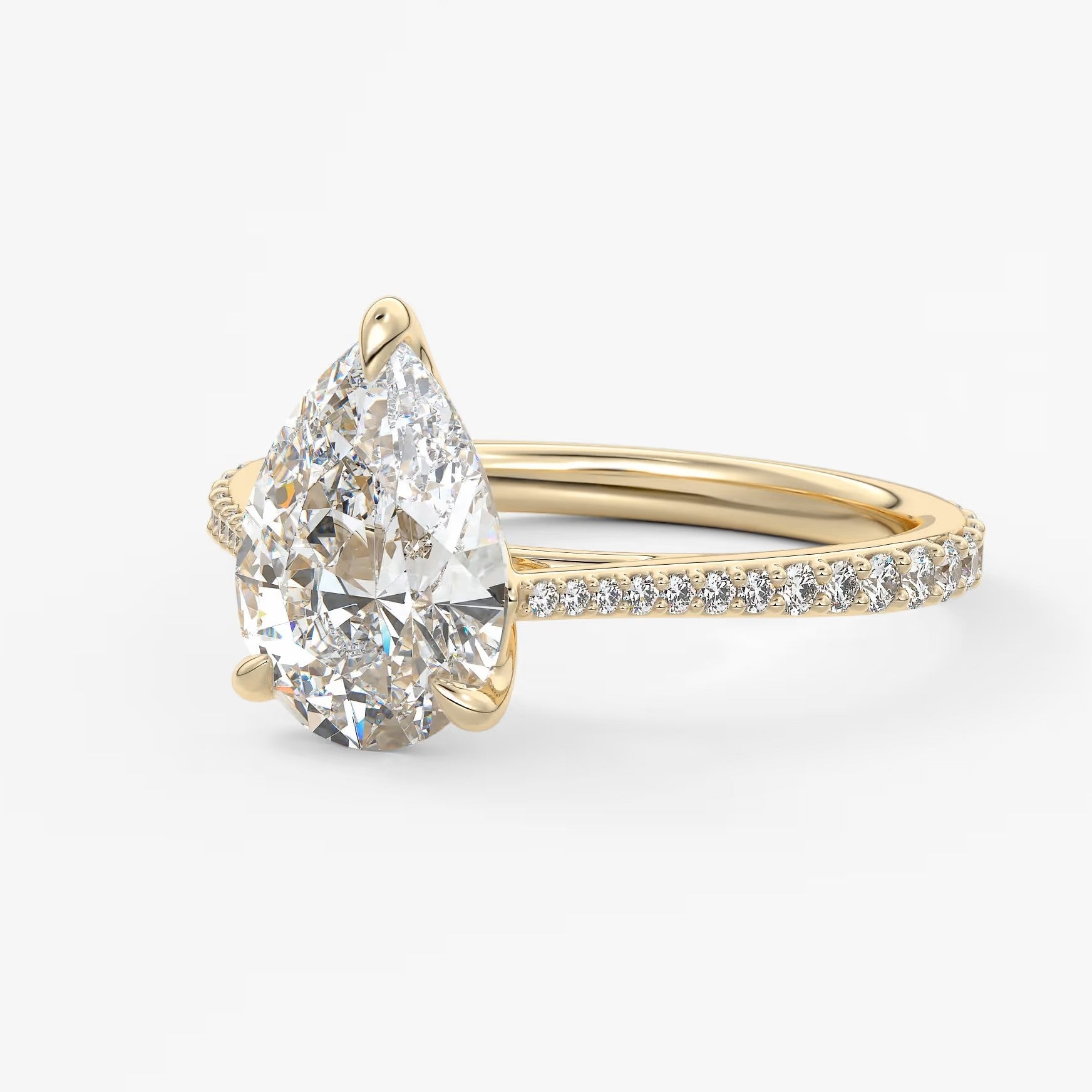 Tulip pear pavé cathedral solitaire ring