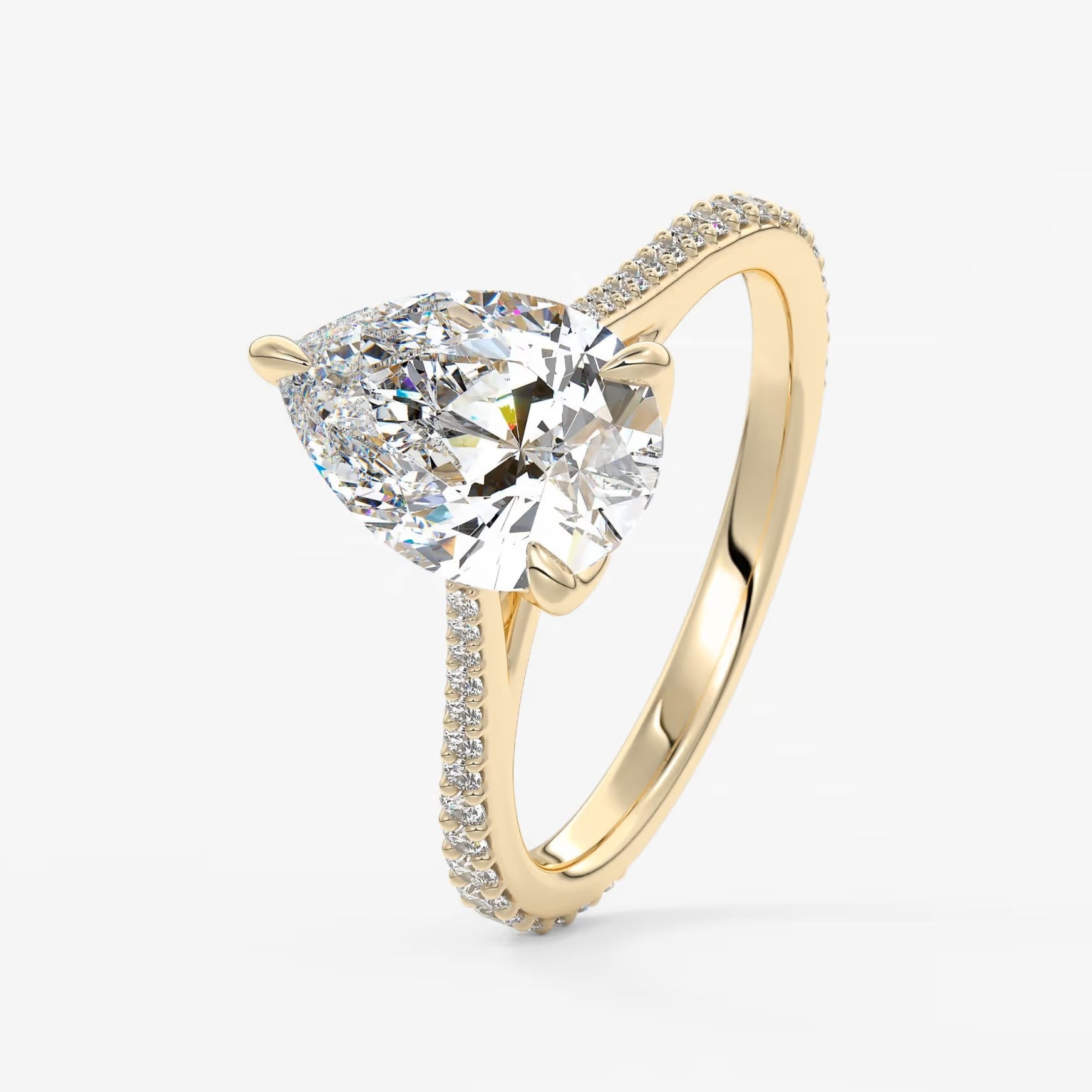 Tulip pear pavé cathedral solitaire ring