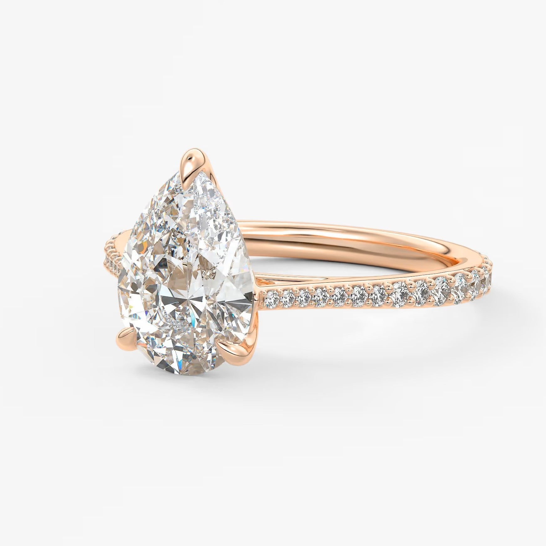 Tulip pear pavé cathedral solitaire ring