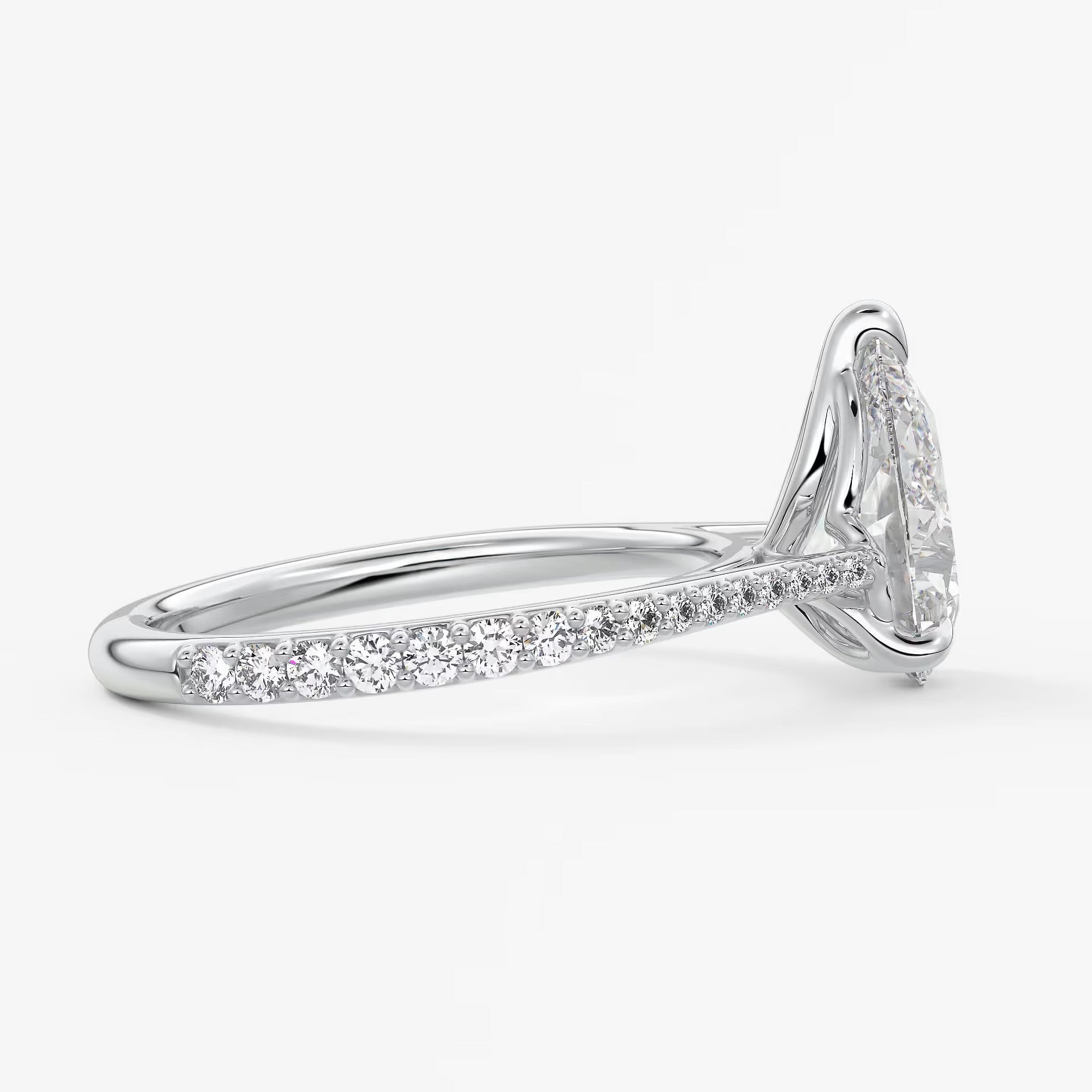 Tulip pear pavé cathedral solitaire ring