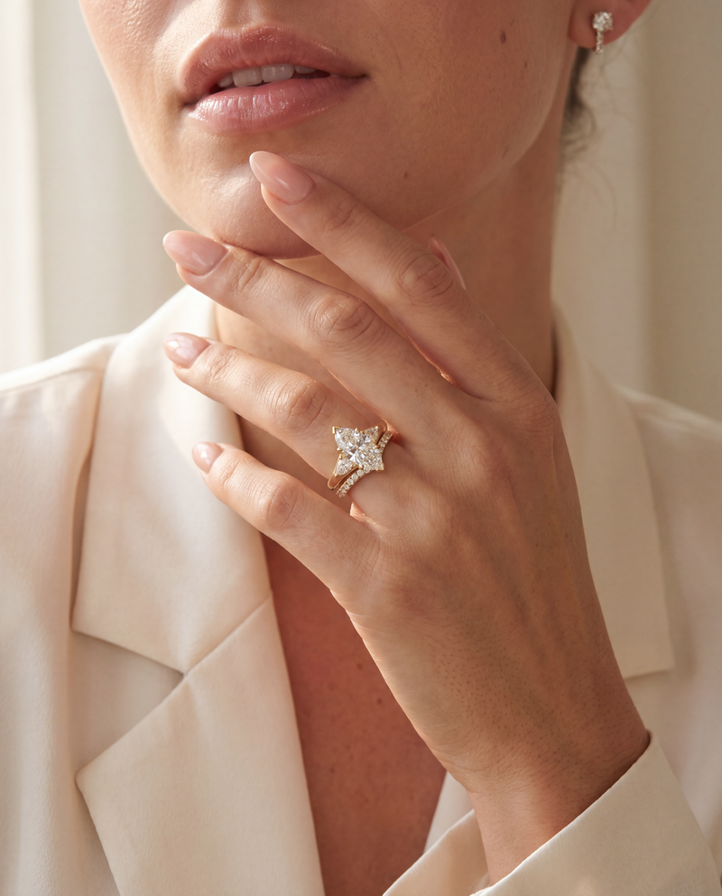 A close-up lifestyle shot of a model wearing a gold ring with a star-shaped diamond cluster, styled with a matching diamond stud earring and a cream-colored blazer.