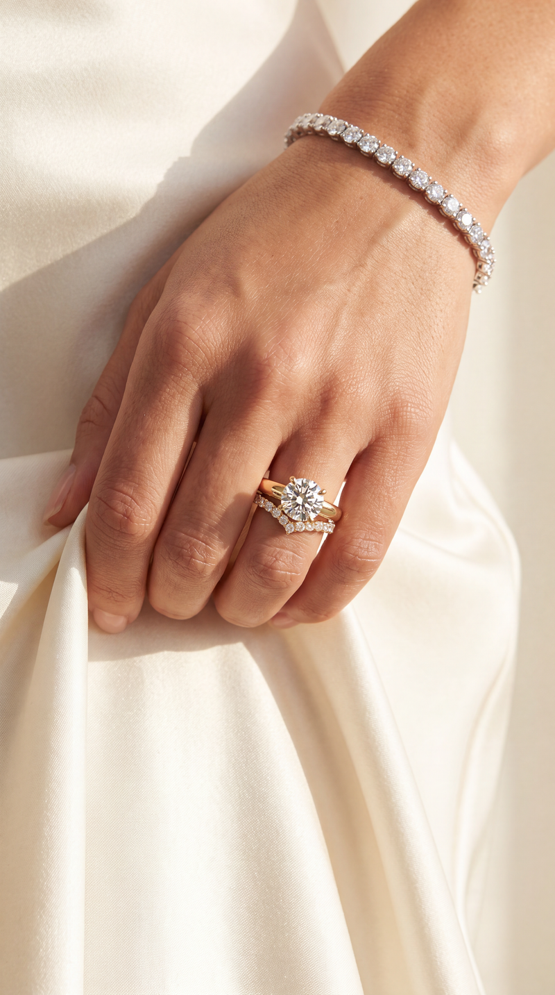 A close-up of a hand wearing a rose gold ring with a diamond cluster and a matching diamond tennis bracelet, resting against draped white satin fabric.