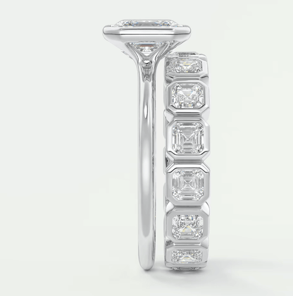 18-karat white gold diamond eternity band ring with princess-cut diamonds.