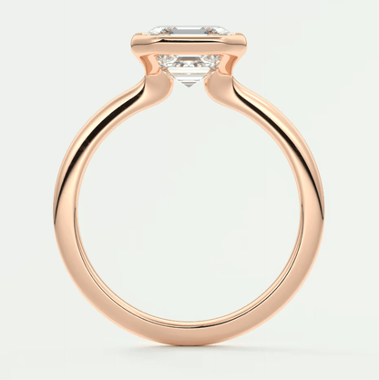 18-karat rose gold engagement ring with a cushion-cut diamond.