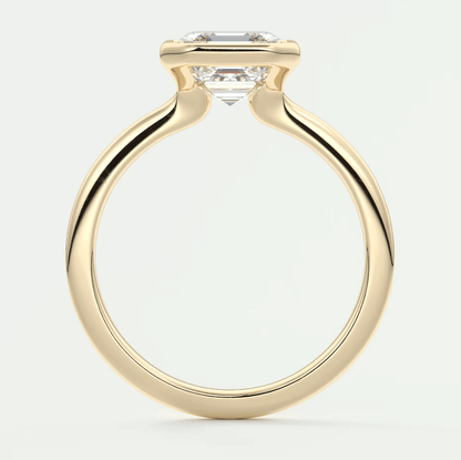 18k yellow gold engagement ring with a princess cut diamond.