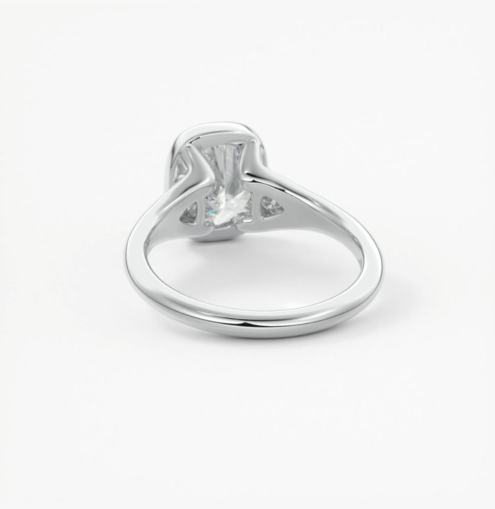 Véda trilogy – cushion with trillion side stone split shank engagement ring