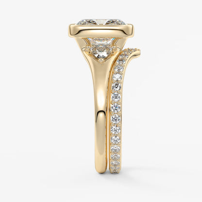 Véda trilogy – cushion with trillion side stone split shank engagement ring