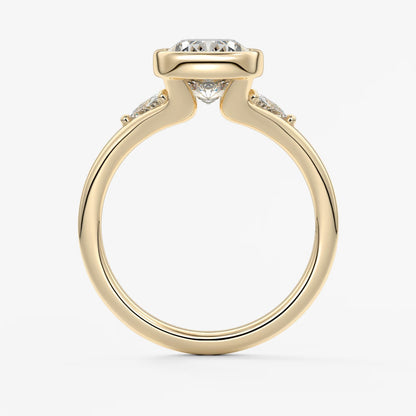 Véda trilogy – cushion with trillion side stone split shank engagement ring