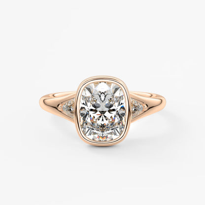 Véda trilogy – cushion with trillion side stone split shank engagement ring