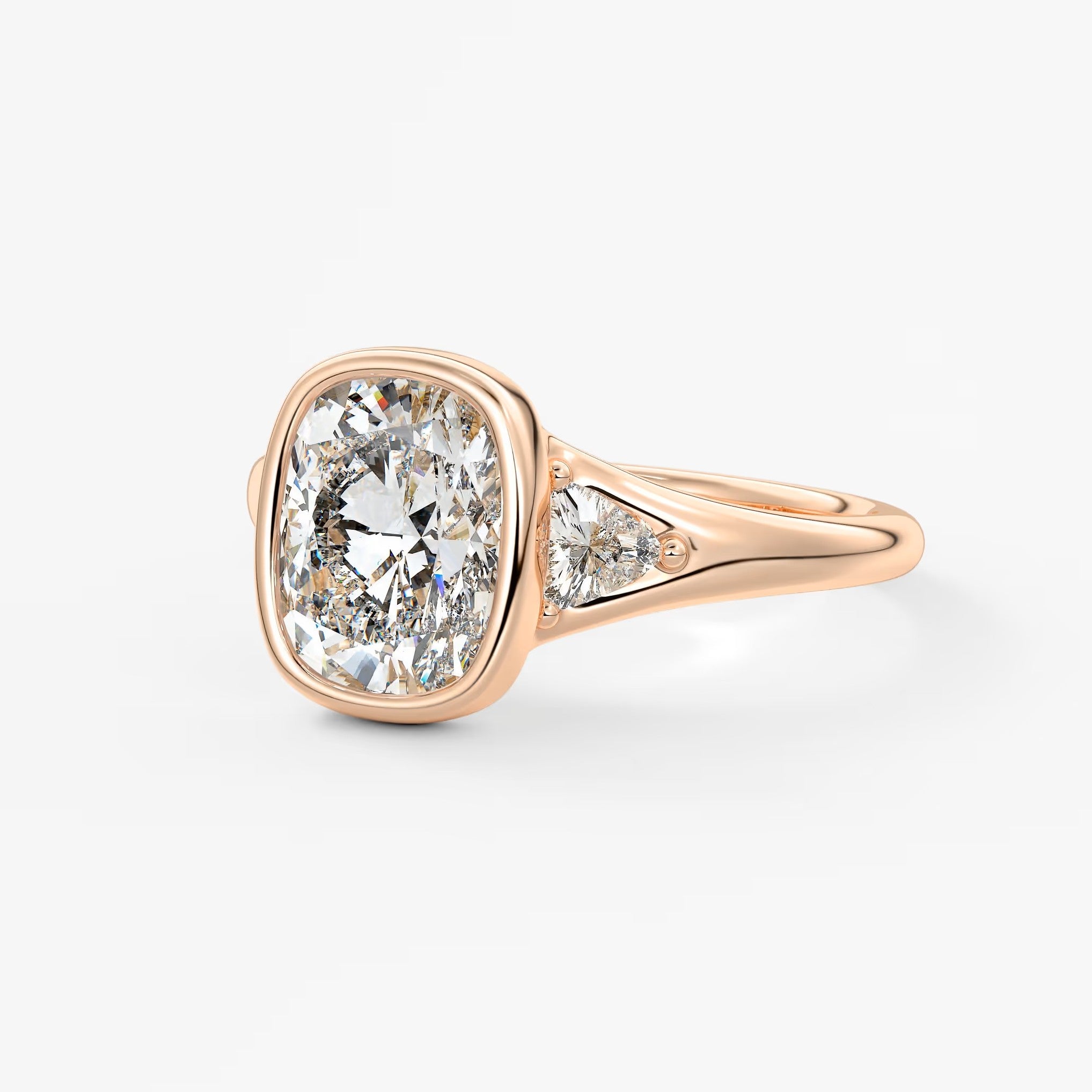 Véda trilogy – cushion with trillion side stone split shank engagement ring