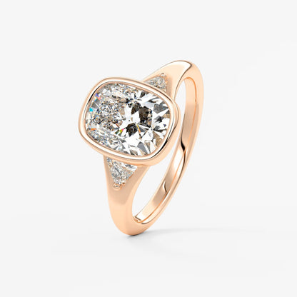 Véda trilogy – cushion with trillion side stone split shank engagement ring