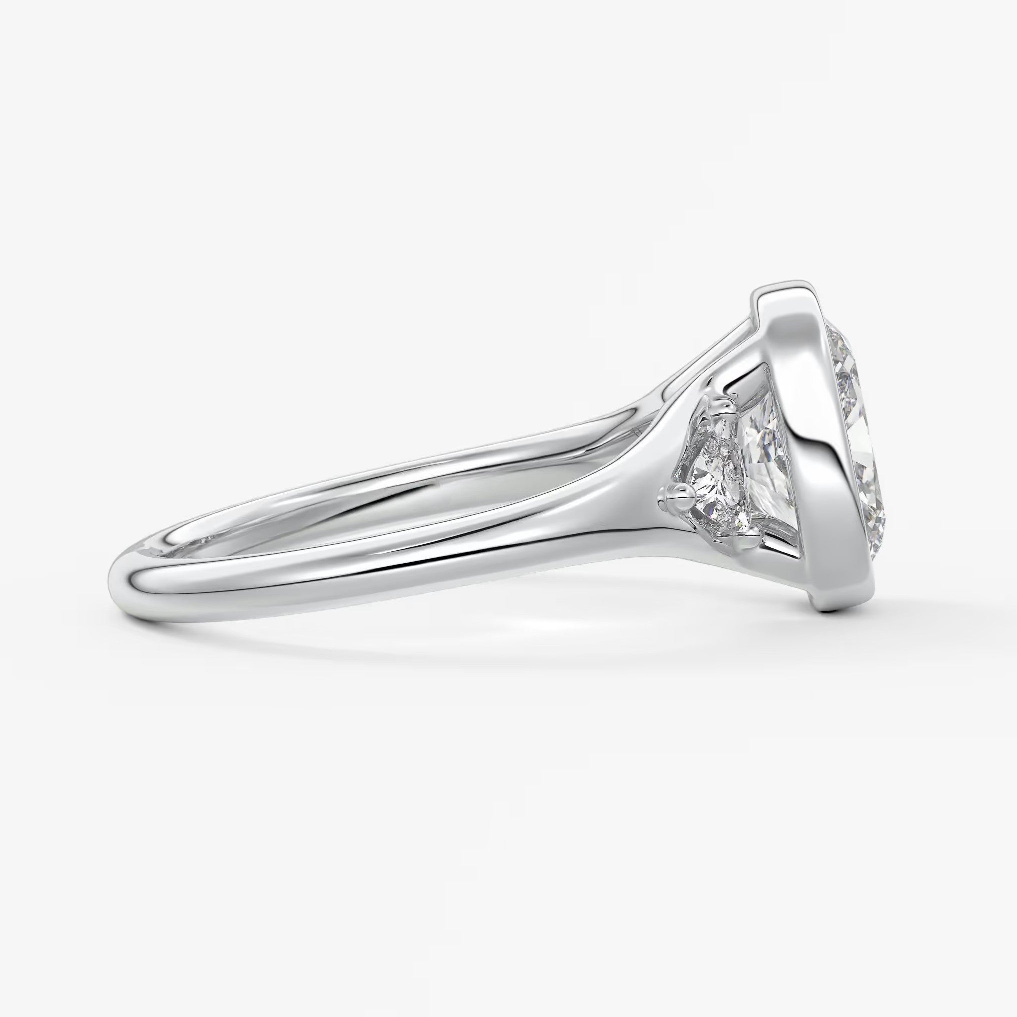 Véda trilogy – cushion with trillion side stone split shank engagement ring
