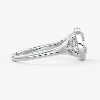 Véda trilogy – cushion with trillion side stone split shank engagement ring