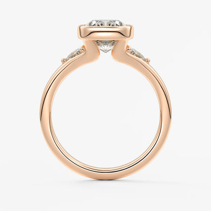 Véda trilogy – cushion with trillion side stone split shank engagement ring