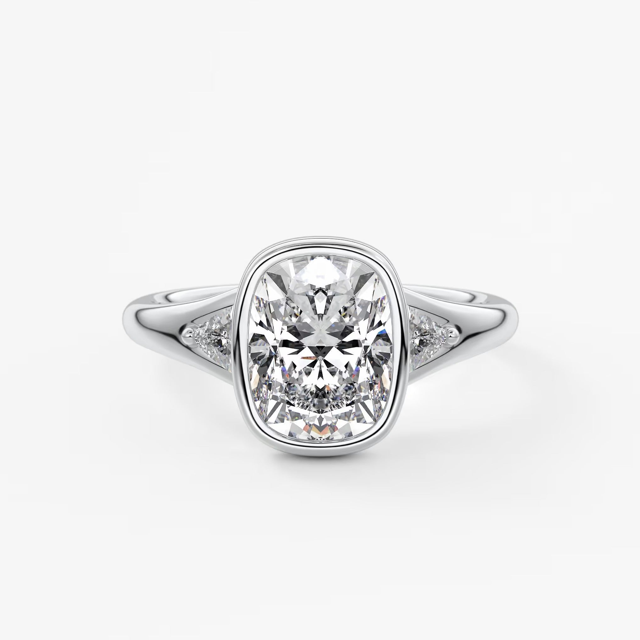 Véda trilogy – cushion with trillion side stone split shank engagement ring