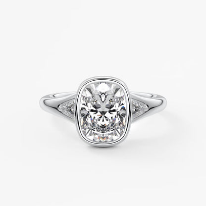 Véda trilogy – cushion with trillion side stone split shank engagement ring