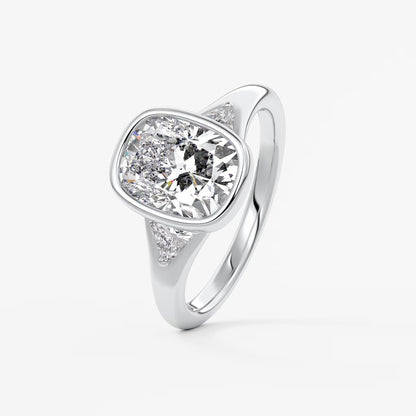 Véda trilogy – cushion with trillion side stone split shank engagement ring