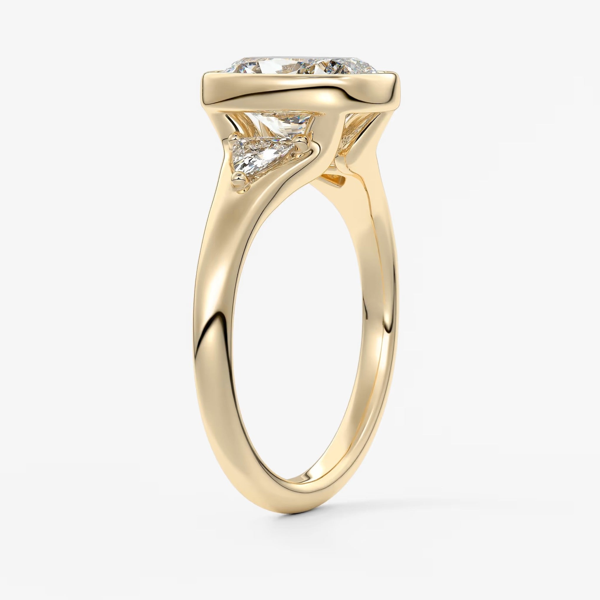 Véda trilogy – cushion with trillion side stone split shank engagement ring