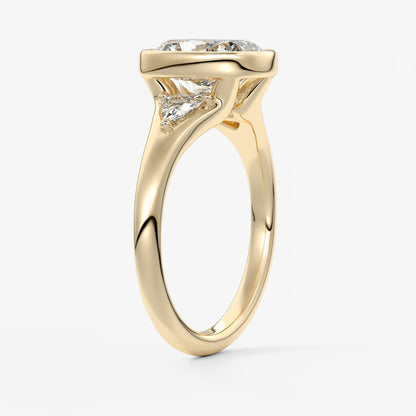 Véda trilogy – cushion with trillion side stone split shank engagement ring