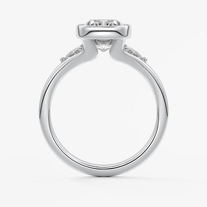 Véda trilogy – cushion with trillion side stone split shank engagement ring