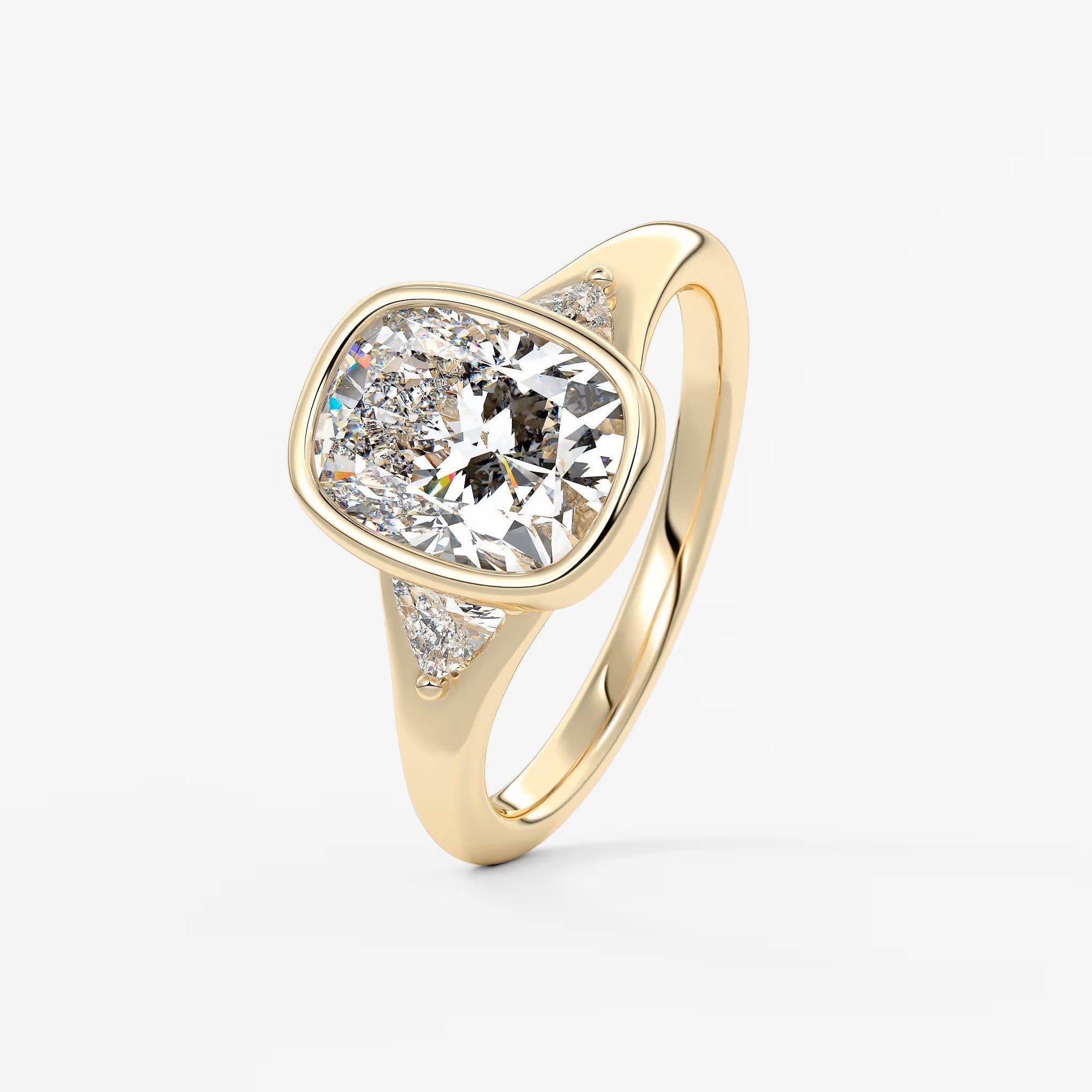 Véda trilogy – cushion with trillion side stone split shank engagement ring