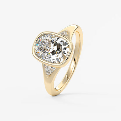 Véda trilogy – cushion with trillion side stone split shank engagement ring