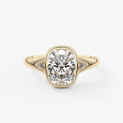Véda trilogy – cushion with trillion side stone split shank engagement ring
