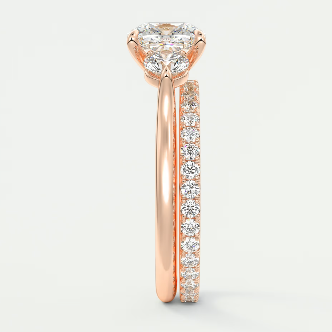 Custom made aveline cushion cathedral three-stone engagement ring | diamond lab
