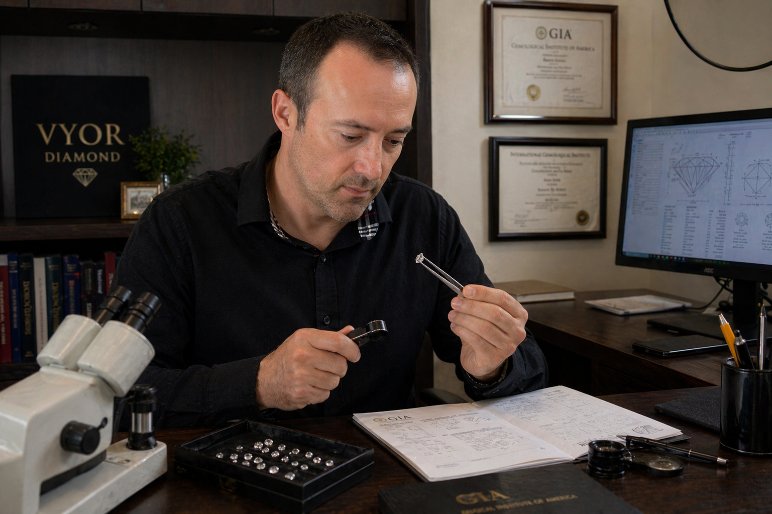 Man examining a diamond in a jewelry store setting with GIA and Vyor Diamond branding.
