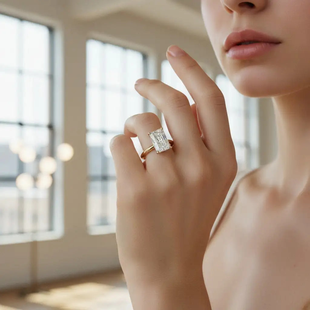 Close-up of a hand wearing a diamond ring with a blurred indoor background